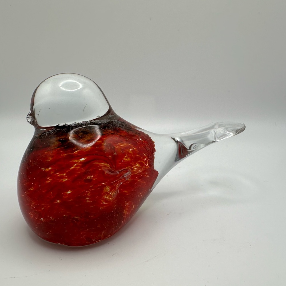 Art Glass Clear  w/ Red Swirls Bird Figurine Paperweight Murano Style Cardinal